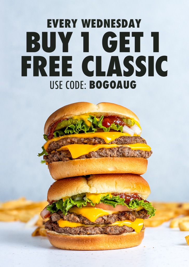 Every Wednesday, Buy One Get One Classic Burger, use code: BOGOAUG